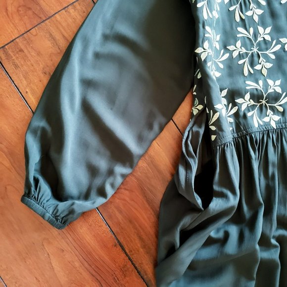 Embroidered Gown Deep Forest Maxi Dress 100% Rayon V Neck Button Front - Picture 4 of 10